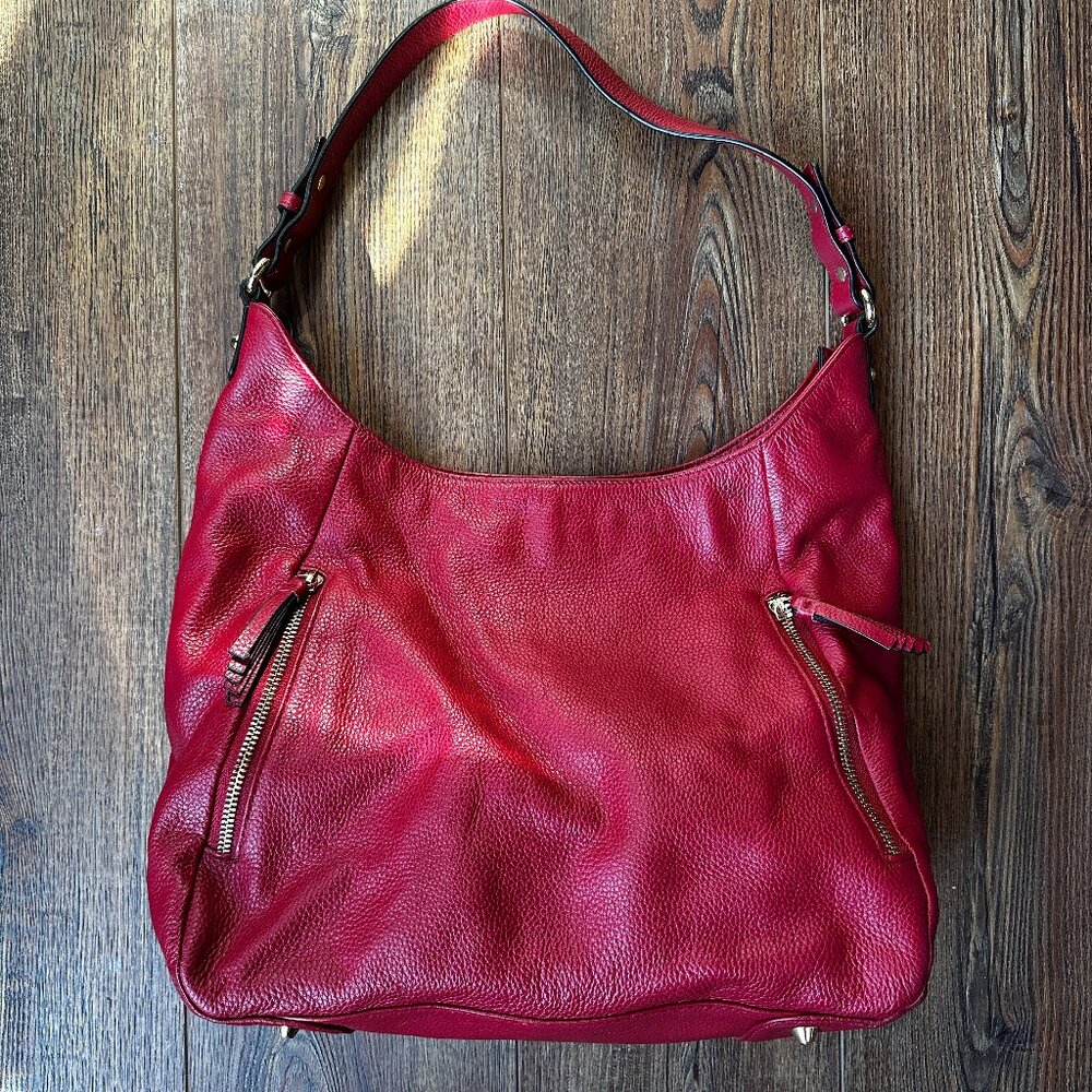 Ora Delphine Red Pebbled Leather Hobo Bag w Gold Hardware
